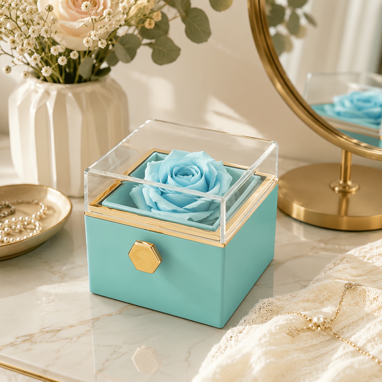 Blue Rose Rotating Gift Box with Clear Display Cover